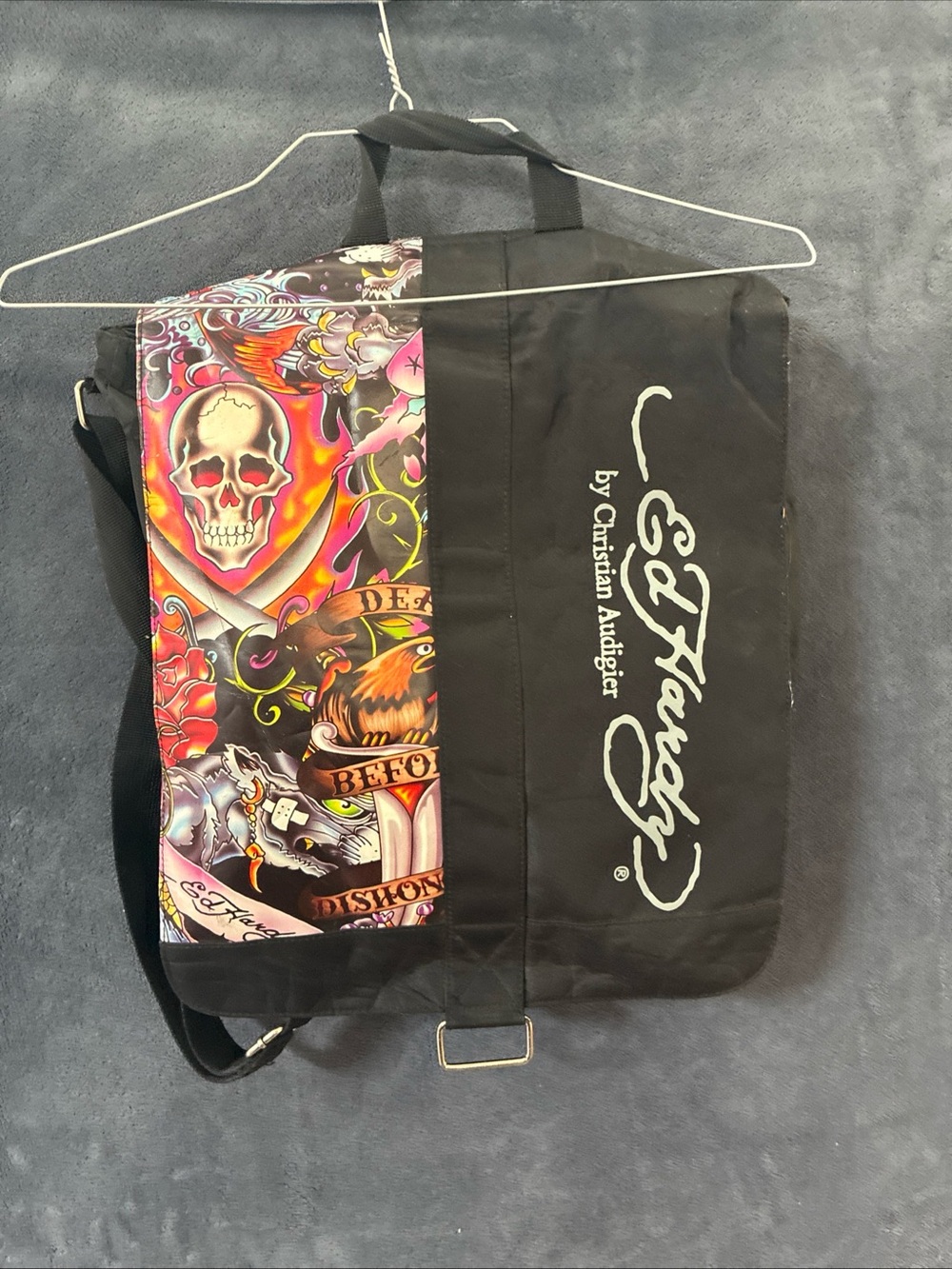 Christian Audigier Black Messenger Bag with Multi-Color Tattoo Panel